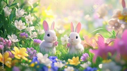 Colorful Nature Scene with Cute Bunnies in Flowers