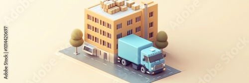A stylized building with a delivery truck and boxes on the roof, representing logistics.