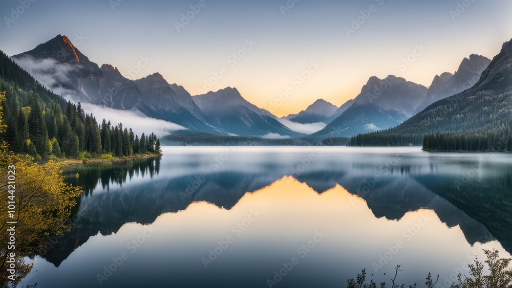 Serene mountain landscape reflecting in a tranquil lake at sunrise. Serene mountain landscape reflecting in a tranquil lake at sunrise.