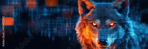 A digital artwork of a wolf with glowing eyes, set against a futuristic background.