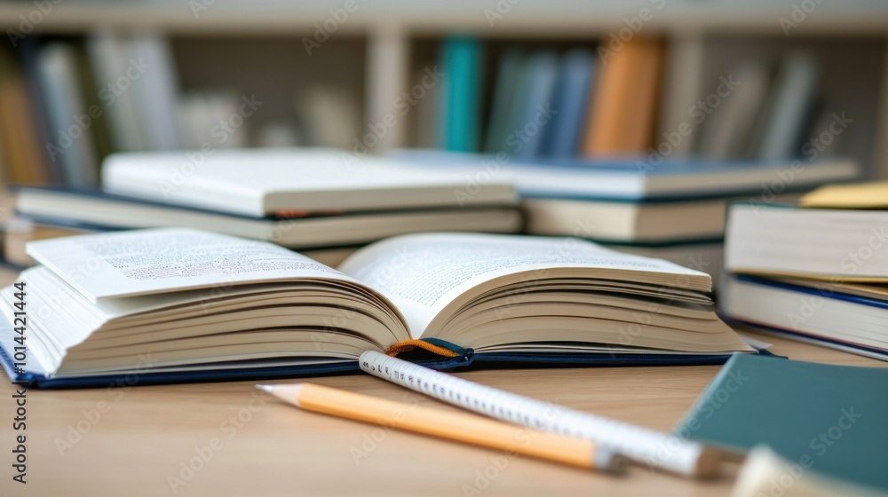 A collection of open and closed books on a table, with stationery nearby. A collection of open and closed books on a table, with stationery nearby.