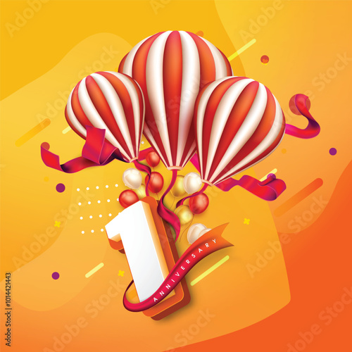 Colorful 1st anniversary design with striped balloons, festive ribbons, and vibrant balloons against a bright orange-yellow background, celebrating a joyful milestone.