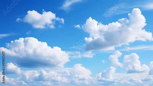 A bright blue sky with fluffy white clouds drifting by