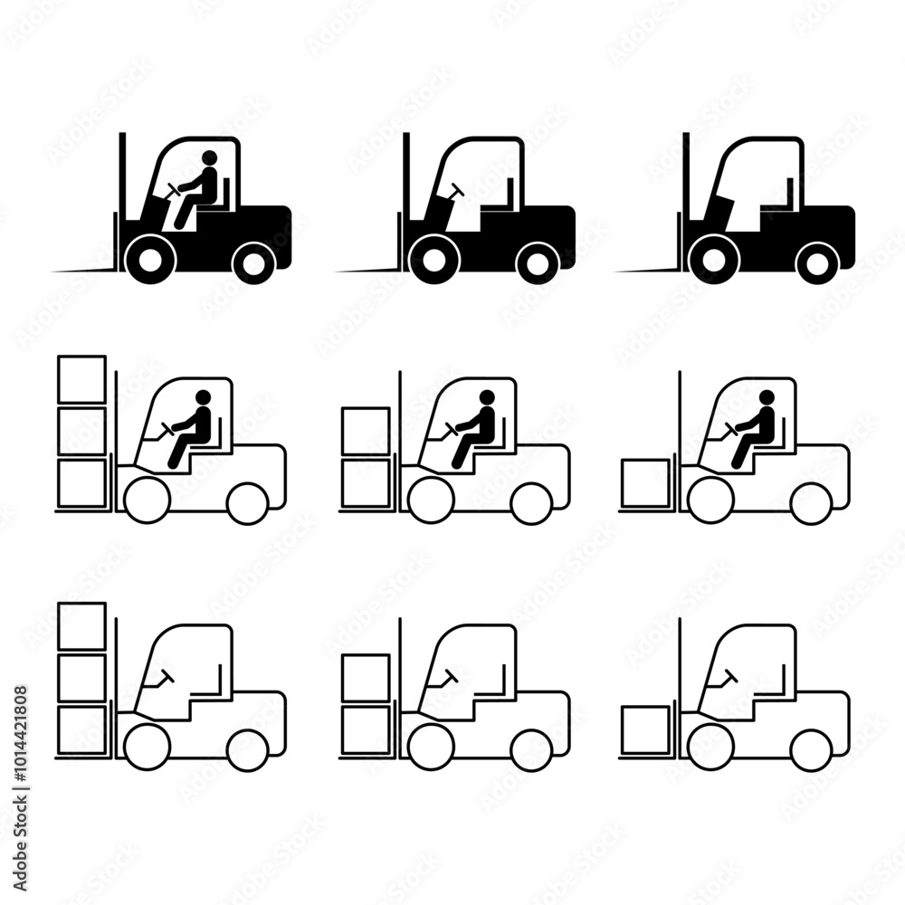 Set of Forklift transport icon, industry vehicle machine symbol, fork truck warehouse vector illustration Set of Forklift transport icon, industry vehicle machine symbol, fork truck warehouse vector illustration