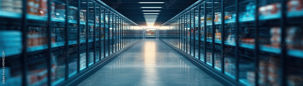 Fototapeta premium Aisle in a modern warehouse with organized shelves and glowing lights, conveying efficiency and storage solutions.