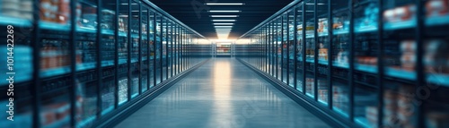 Aisle in a modern warehouse with organized shelves and glowing lights, conveying efficiency and storage solutions.