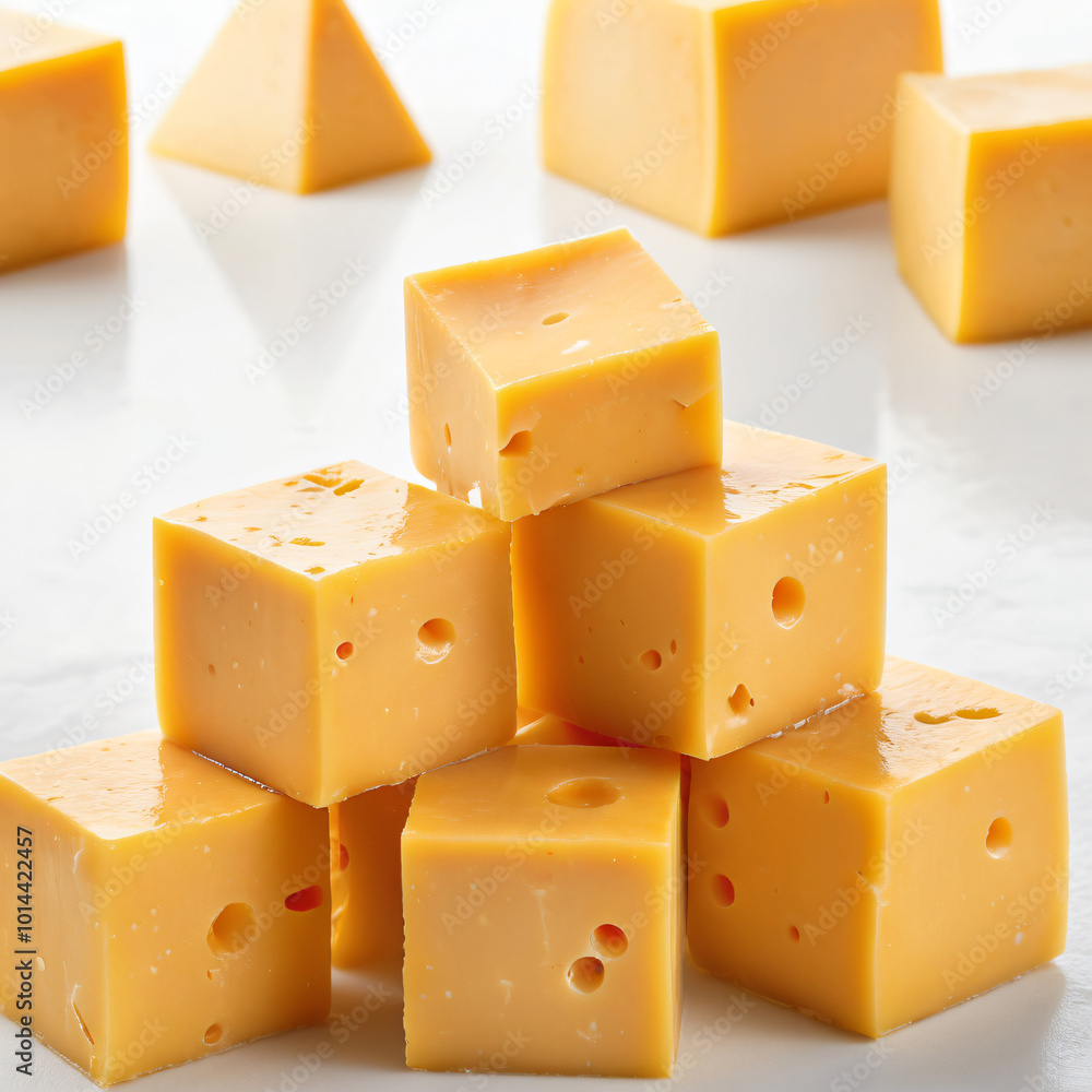 Golden Cubes of Joy: Stacked Cheddar Cheese Blocks Reflect Culinary Delight on White Golden Cubes of Joy: Stacked Cheddar Cheese Blocks Reflect Culinary Delight on White
