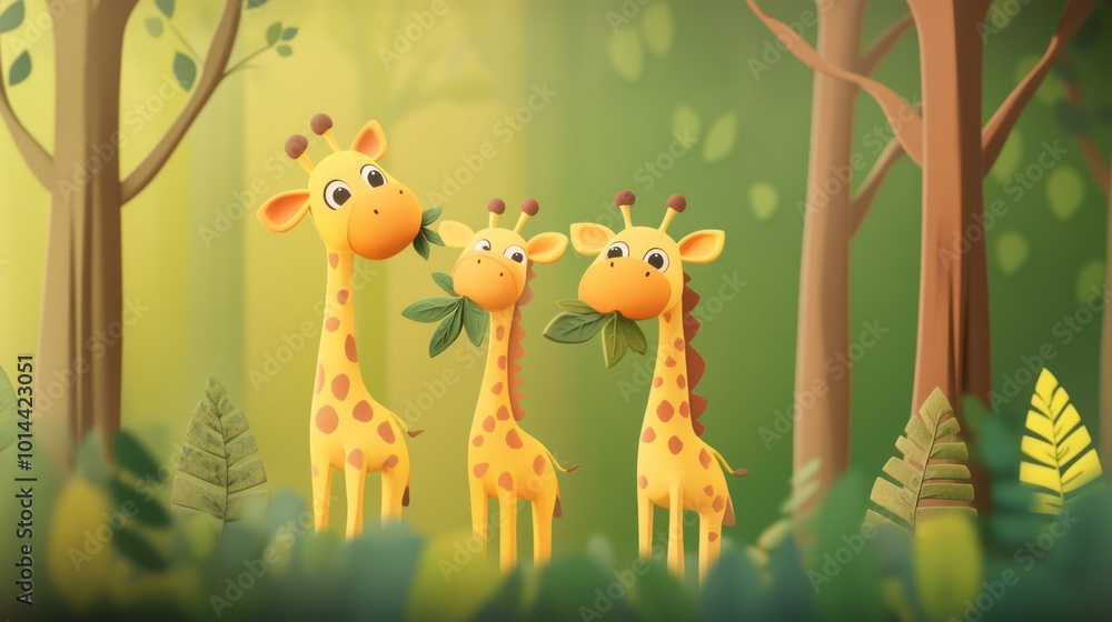 Adorable Cartoon Giraffes in a Lush Green Forest Adorable Cartoon Giraffes in a Lush Green Forest