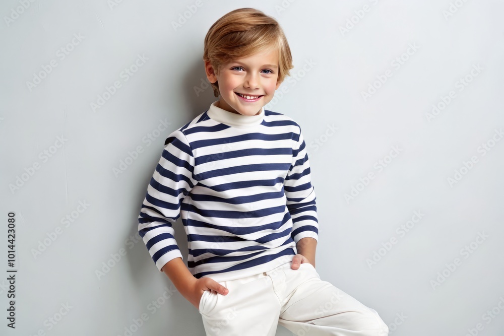 In a vibrant studio, a joyful boy showcases a striped sweatshirt paired with white trousers, embodying the essence In a vibrant studio, a joyful boy showcases a striped sweatshirt paired with white trousers, embodying the essence