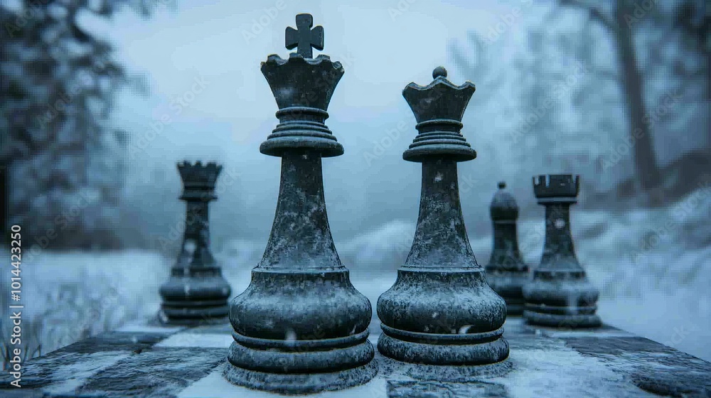 Chess pieces covered in snow on a snowy chessboard in a winter forest. Chess pieces covered in snow on a snowy chessboard in a winter forest.