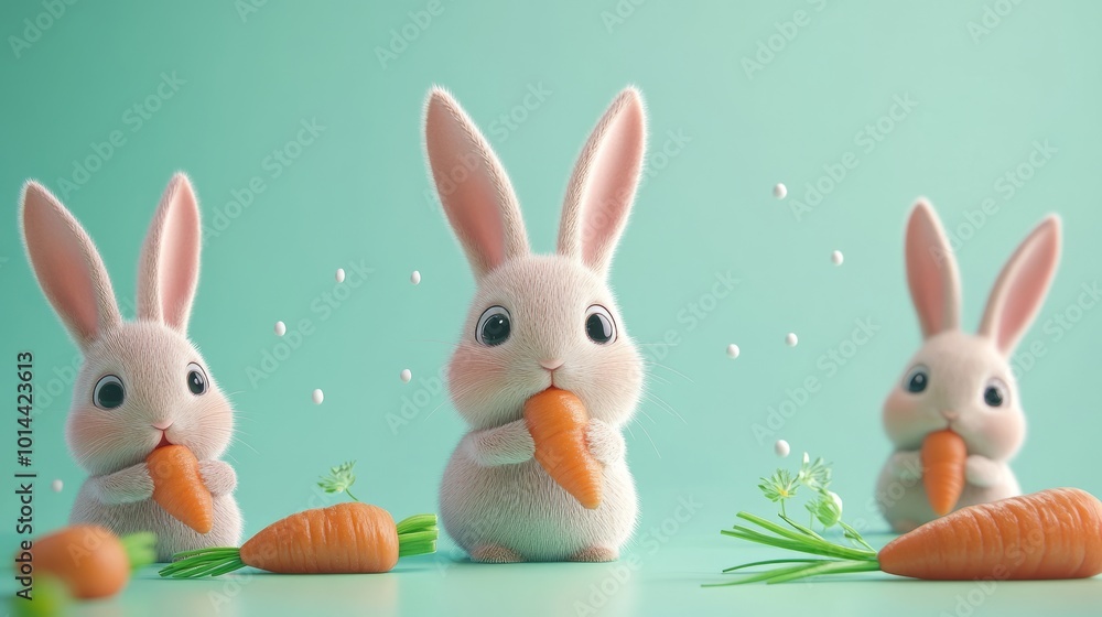 Playful Bunnies with Carrots on Colorful Background Playful Bunnies with Carrots on Colorful Background