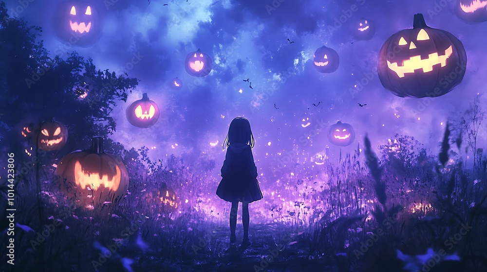 A Girl Stands Amongst Glowing Jack-O-Lanterns on Halloween Night. A Girl Stands Amongst Glowing Jack-O-Lanterns on Halloween Night.