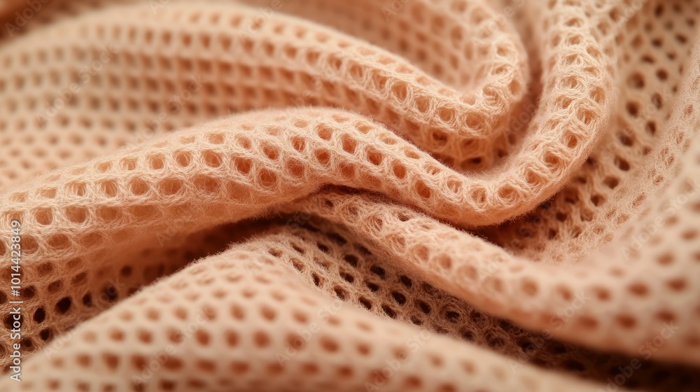 Close-up of a peach-colored knitted fabric with a mesh pattern. Close-up of a peach-colored knitted fabric with a mesh pattern.