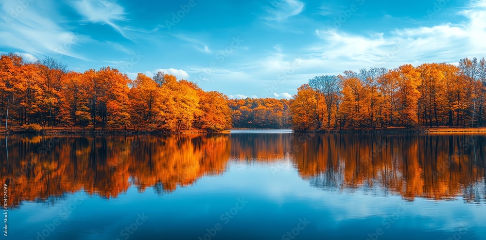 Obraz premium Fall foliage reflected in calm lake water with a blue sky.
