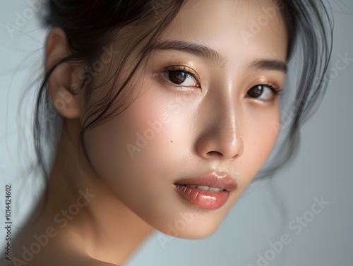 Ethereal Beauty Closeup Portrait of Captivating Asian Woman with Flawless Glowing Skin photo