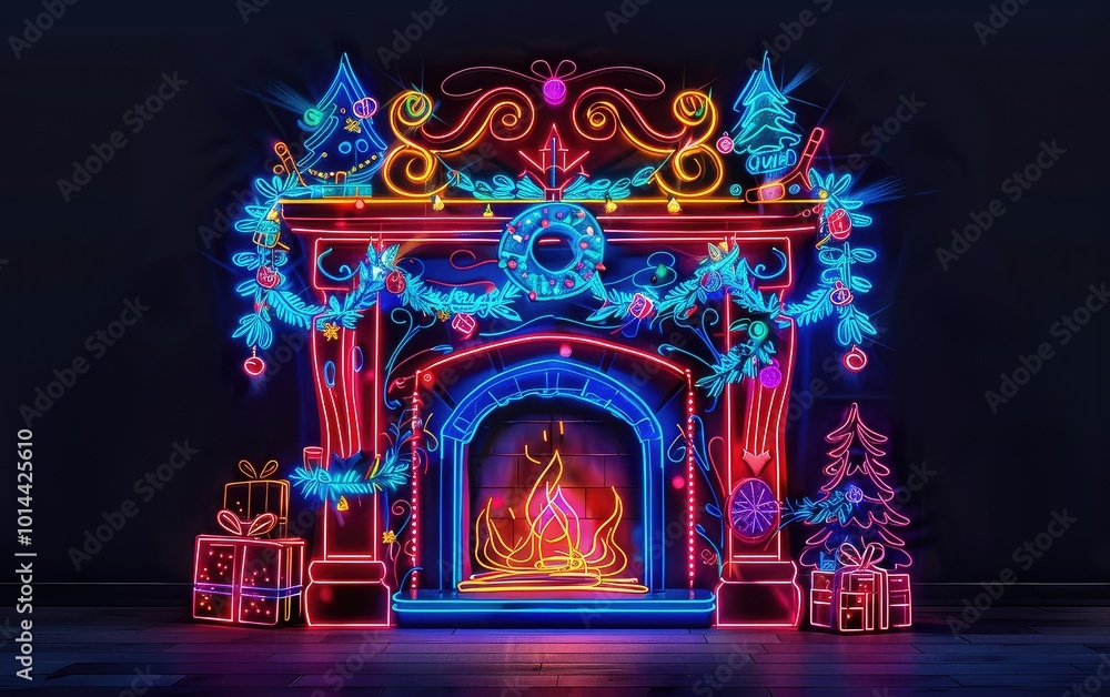 Neon Christmas fireplace with presents and garland. Neon Christmas fireplace with presents and garland.
