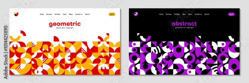 Landing page templates with abstract geometric elements and shapes, vector backgrounds. Landing page and website templates with menu webpage buttons and user login layout in mosaic pattern elements