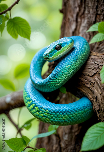 green snake in the tree branch