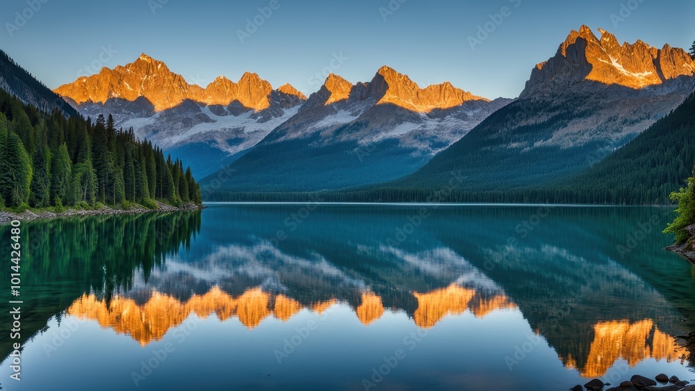 Fototapeta premium Serene mountain landscape reflected in calm waters at sunrise.
