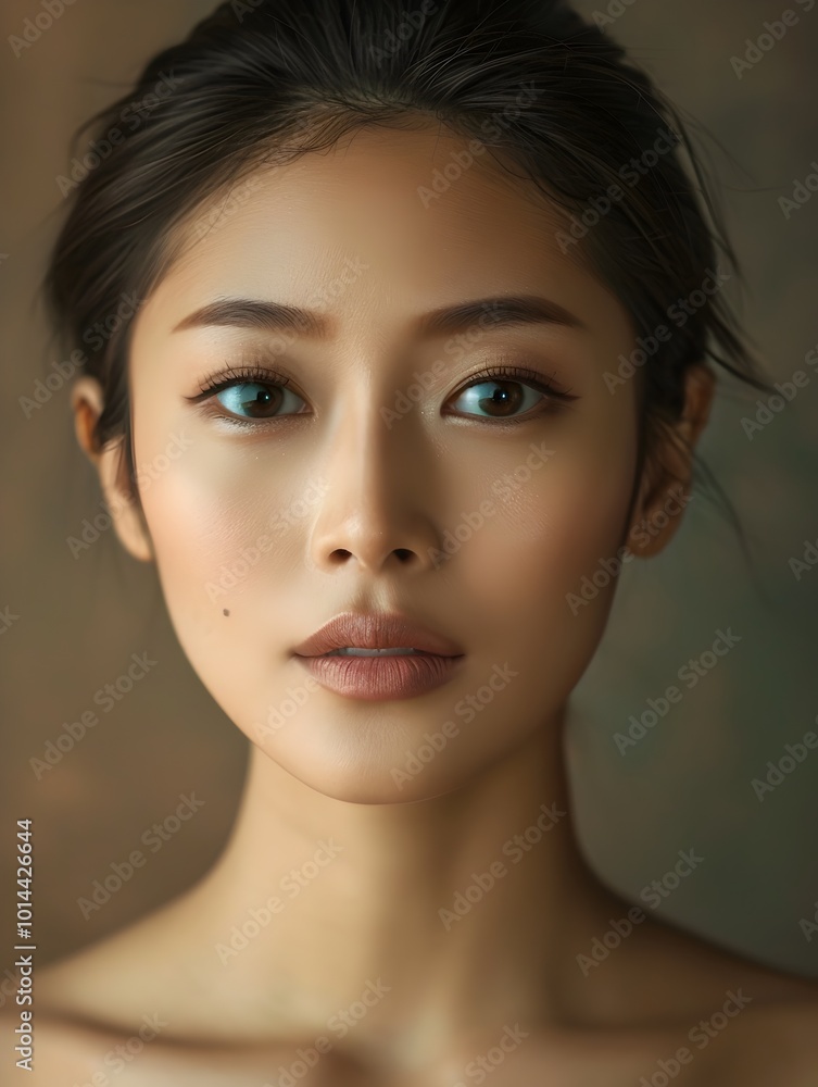Naklejka premium Elegant graceful Asian woman with smooth glowing complexion in minimalist textured setting
