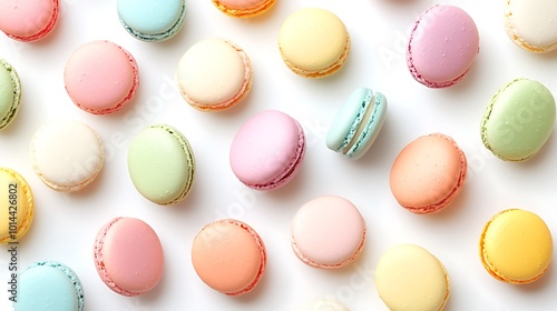 A flat lay of assorted colorful macarons on a white background.
