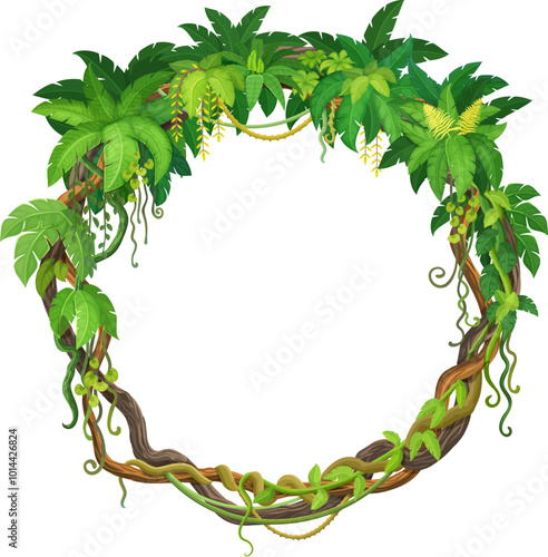 Tropical jungle round frame with forest liana branch and leaves. Cartoon vector circular border made of lush rainforest vines and twisted roots, exudes a sense of exotic nature and wild vegetation