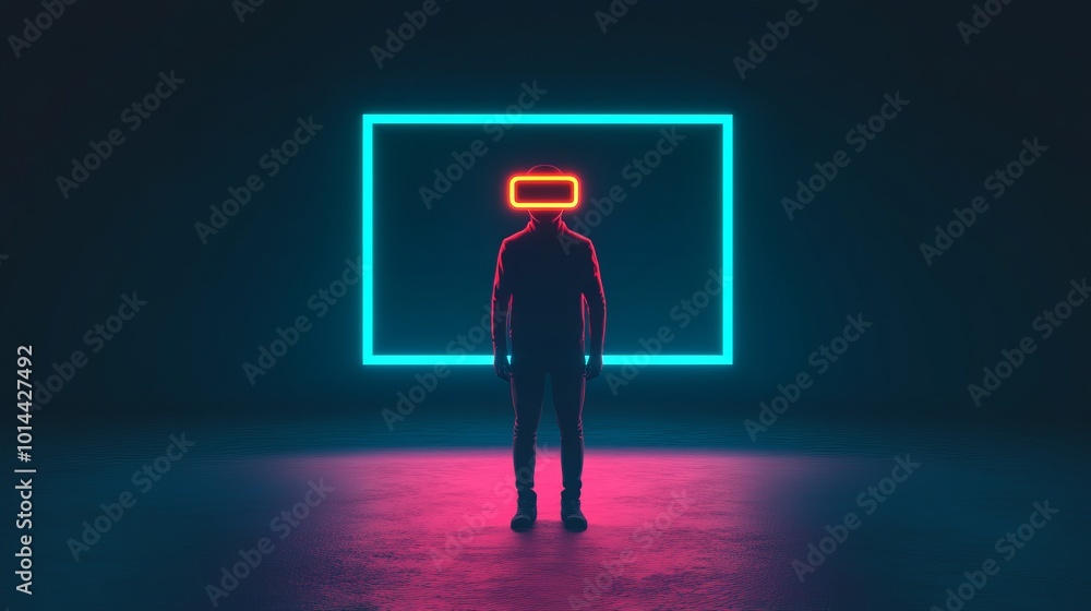 Silhouette of a person wearing VR headset in front of a glowing neon square. Silhouette of a person wearing VR headset in front of a glowing neon square.