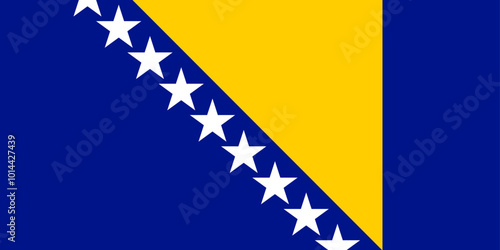 National Flag Bosnia and Herzegovina, BiH, wide medium blue yellow right triangle abutting the band and the top of the flag, the remainder of the flag is medium blue with seven and two half stars 