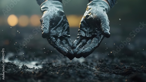Hands with soil, droplets of water creating a nurturing environment, focused on nature's connection and sustainability.