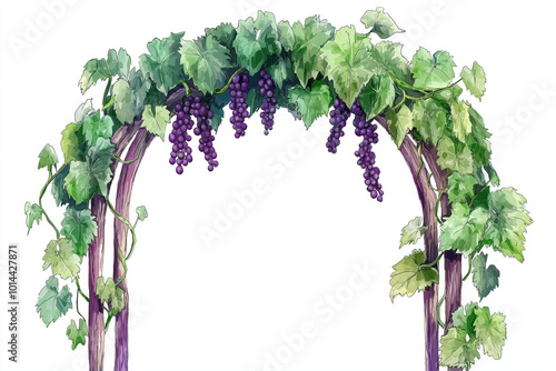 A watercolor illustration of a grapevine arch adorned with lush green leaves and hanging clusters of grapes.