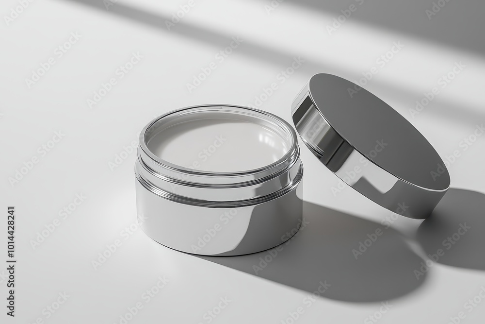 A metallic container with a removable lid, likely used for cream or skincare products. A metallic container with a removable lid, likely used for cream or skincare products.