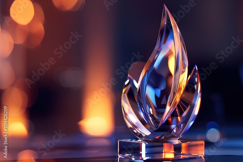 A close-up of a crystal award shaped like a flame, representing recognition for exceptional performance, with subtle reflections of office lights.