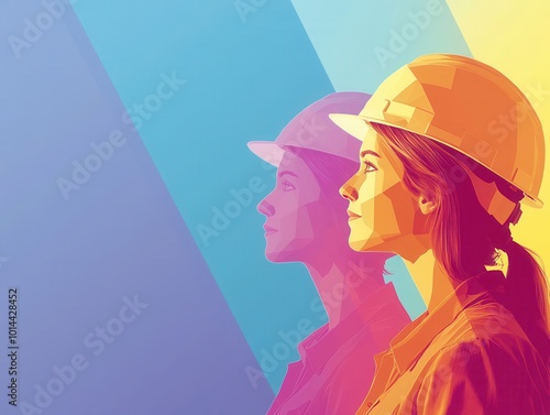 Portrait of a confident woman engineer wearing a hard hat, colorful geometric background.