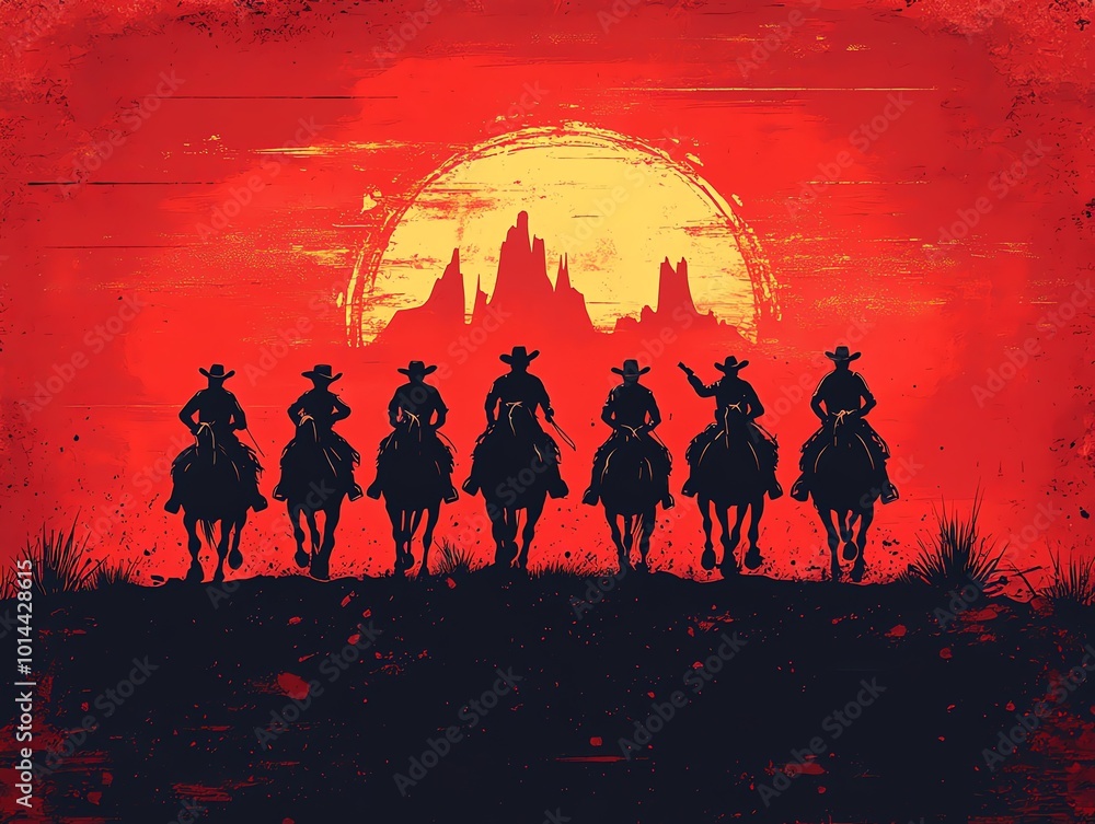 Naklejka premium Silhouettes of cowboys riding horses against a red sunset with a yellow sun.