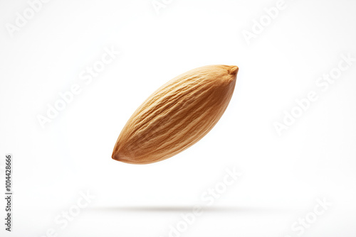 A falling almond isolated on a white background, captured with full depth of field to highlight texture and detail