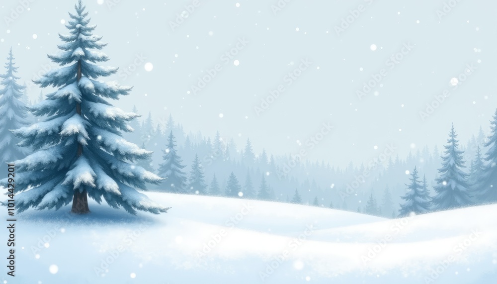 Snowy winter landscape with evergreen trees in a serene atmosphere and soft snowfall, copy space Snowy winter landscape with evergreen trees in a serene atmosphere and soft snowfall, copy space