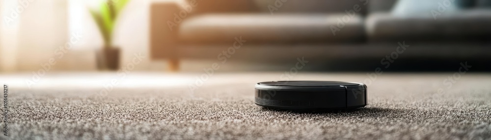 Robot vacuum on carpet in modern living room with a cozy couch and plant, creating a clean and inviting atmosphere. Robot vacuum on carpet in modern living room with a cozy couch and plant, creating a clean and inviting atmosphere.