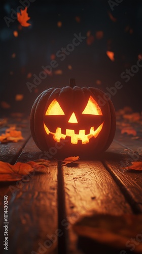 Light in the dark night wallpaper, glowing jack o lantern on wooden floor, fallen autumn leaves surrounded