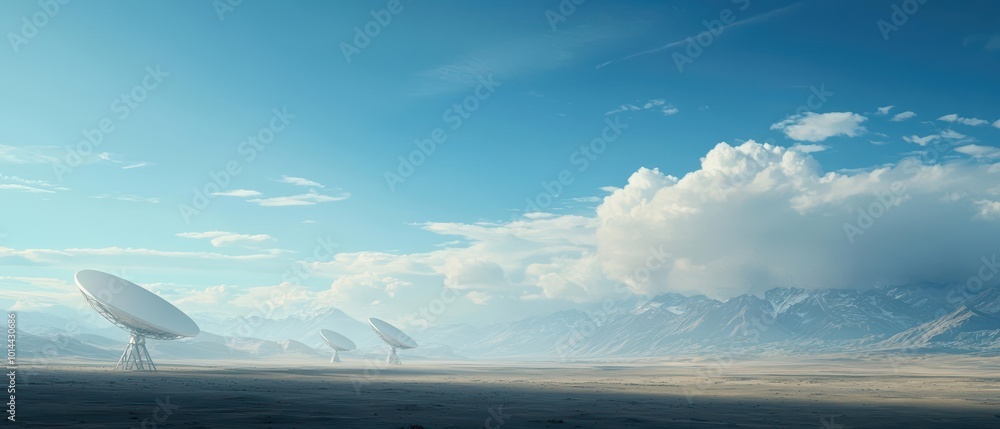 Satellite dishes in a vast landscape under a clear blue sky with clouds. Satellite dishes in a vast landscape under a clear blue sky with clouds.