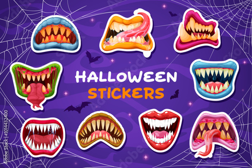 Stickers pack of Halloween monster mouth and drool jaws with exaggerated, monstrous teeth, some with tongues sticking out. Cartoon vector patches on spooky purple background with spider webs and bats