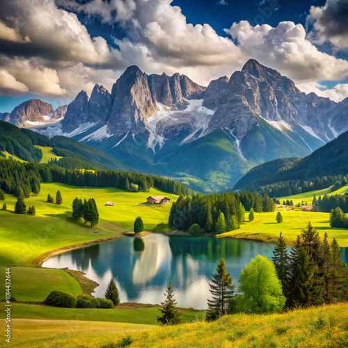 lake in the mountains. lake, mountain, landscape, sky, nature, mountains, water, reflection, view, travel, alps, green, summer, forest, scenery, tree, snow, scenic, clouds, spring, grass, river, panor photo