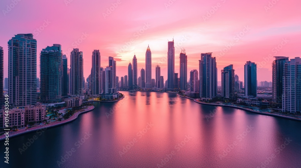 Fototapeta premium Stunning skyline at sunset with skyscrapers reflected in calm water, vibrant colors illuminating the cityscape.