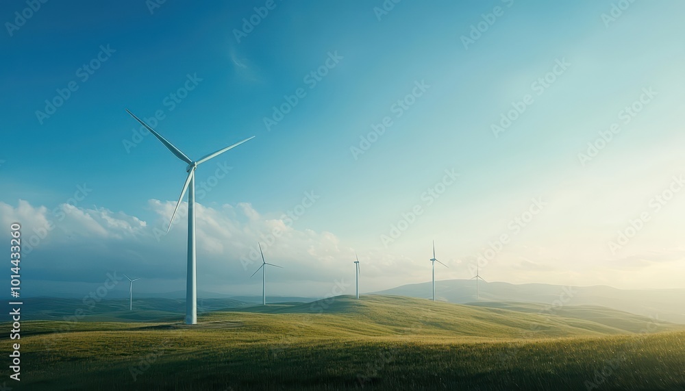 Wind turbines standing tall in a serene landscape under a clear blue sky, showcasing renewable energy. Wind turbines standing tall in a serene landscape under a clear blue sky, showcasing renewable energy.