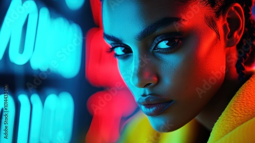 An engaging close-up portrait of a woman enveloped in a vibrant neon ambiance, showcasing her expressive features and bold fashion statement in an urban setting. photo