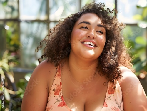 Joyful Plus Size Woman s Radiant Complexion in Serene Greenhouse Setting