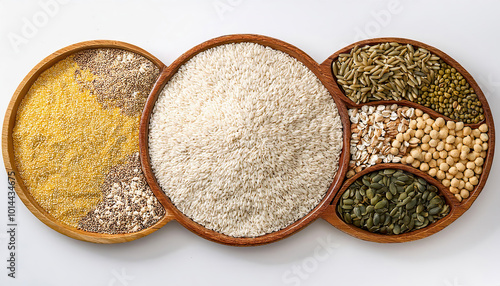 Round white cereal mix and Grains and seeds, arranged on white background