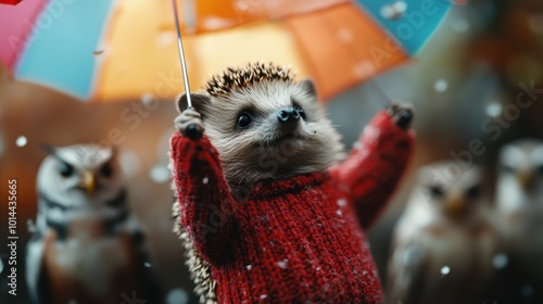 A cozy hedgehog dressed warmly in a red sweater holding a colorful umbrella smiles warmly, enjoying the first snowfall surrounded by blurred owl figures looking on. photo