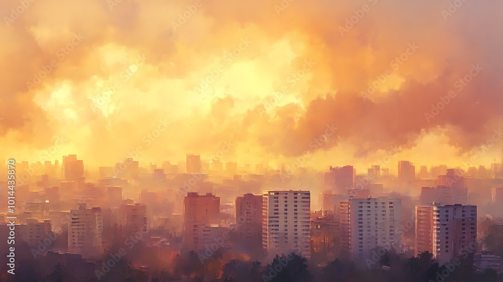 Cityscape with orange clouds and a misty atmosphere. Cityscape with orange clouds and a misty atmosphere.
