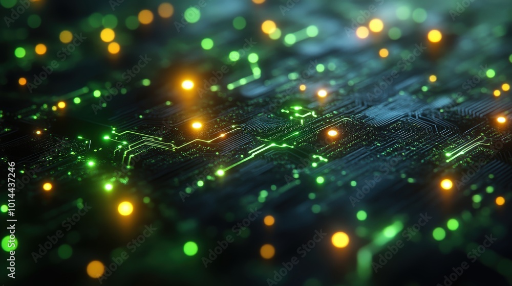 Futuristic Circuit Board With Green And Orange Glowing Connections Representing Advanced Technology And Data Flow Futuristic Circuit Board With Green And Orange Glowing Connections Representing Advanced Technology And Data Flow
