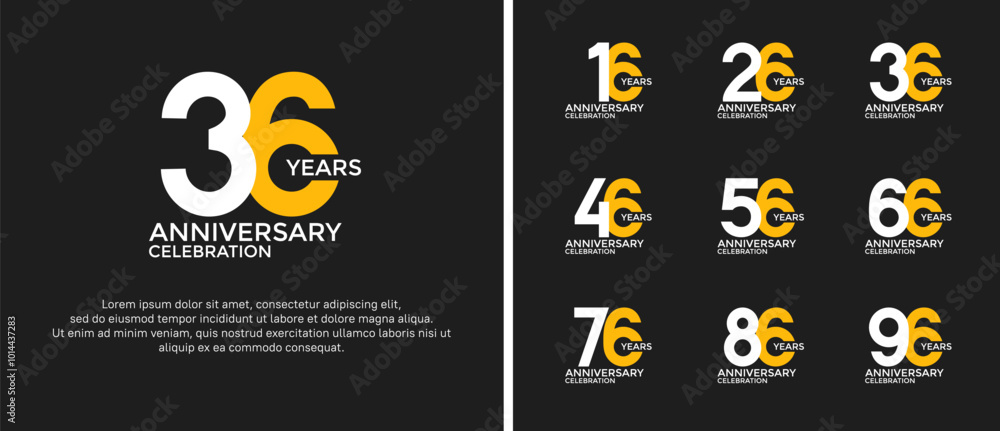 set of anniversary logo flat white and yellow color on black background for celebration moment set of anniversary logo flat white and yellow color on black background for celebration moment